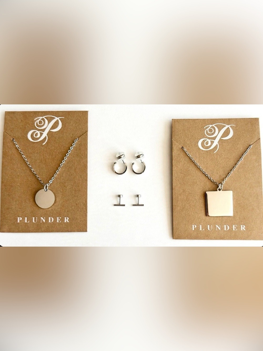 Plunder 4 Pieces: 2 Silver-Tone Pendant Necklaces & 2 Earrings (Hoop/T-Bar) NWOT